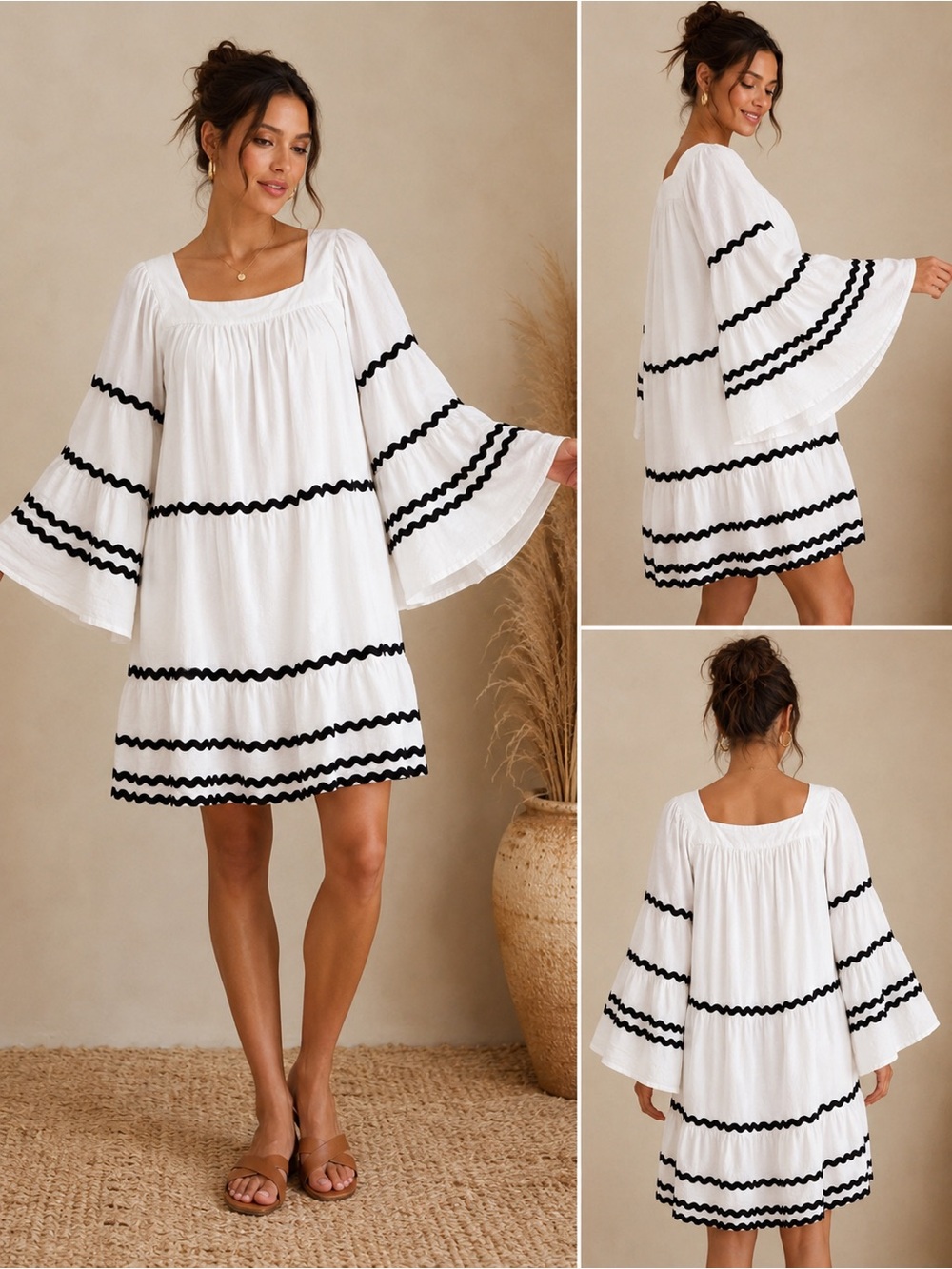 Lisa Marie Fernandez for Target White Black Ric Rac Bell Sleeve Boho Dress Small
